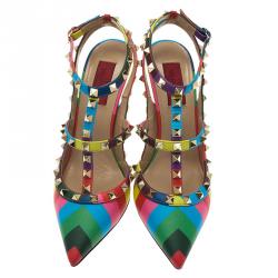 Pre Owned Valentino Multicolor Striped Limited Edition Rockstud Sandals Size 38.5