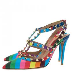 Pre Owned Valentino Multicolor Striped Limited Edition Rockstud Sandals Size 38.5