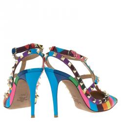 Pre Owned Valentino Multicolor Striped Limited Edition Rockstud Sandals Size 38.5