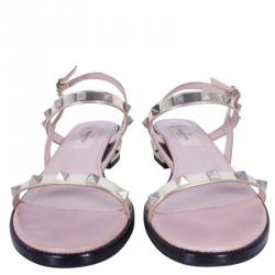 Pre Owned Valentino Gold Metallic Leather Rockstud Flat Sandals Size 37