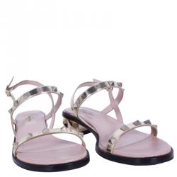 Pre Owned Valentino Gold Metallic Leather Rockstud Flat Sandals Size 37