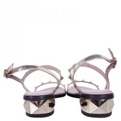 Pre Owned Valentino Gold Metallic Leather Rockstud Flat Sandals Size 37