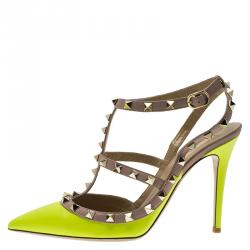 Pre Owned Valentino Neon Yellow and Beige Leather Rockstud Sandals Size 39