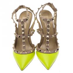 Pre Owned Valentino Neon Yellow and Beige Leather Rockstud Sandals Size 39