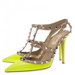 Pre Owned Valentino Neon Yellow and Beige Leather Rockstud Sandals Size 39
