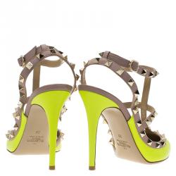 Pre Owned Valentino Neon Yellow and Beige Leather Rockstud Sandals Size 39