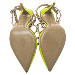 Pre Owned Valentino Neon Yellow and Beige Leather Rockstud Sandals Size 39