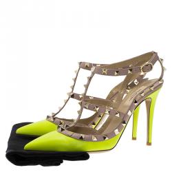 Pre Owned Valentino Neon Yellow and Beige Leather Rockstud Sandals Size 39
