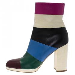 Pre Owned Valentino Multicolor Striped Leather Ankle Boots Size 38.5