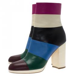 Pre Owned Valentino Multicolor Striped Leather Ankle Boots Size 38.5