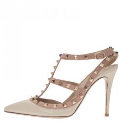 Pre Owned Valentino Cream and Beige Leather Rockstud Sandals Size 39.5