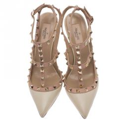 Pre Owned Valentino Cream and Beige Leather Rockstud Sandals Size 39.5