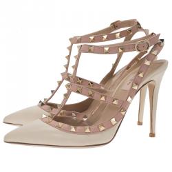 Pre Owned Valentino Cream and Beige Leather Rockstud Sandals Size 39.5