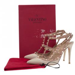 Pre Owned Valentino Cream and Beige Leather Rockstud Sandals Size 39.5