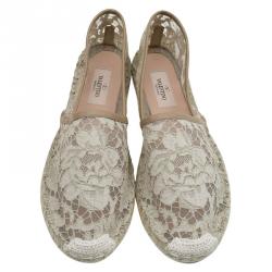 Pre Owned Valentino Beige Lace and Leather Espadrilles Size 40