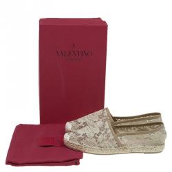 Pre Owned Valentino Beige Lace and Leather Espadrilles Size 40