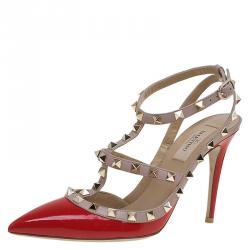 Pre Owned Valentino Beige and Red Patent Leather Rockstud Sandals Size 38
