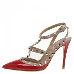 Pre Owned Valentino Beige and Red Patent Leather Rockstud Sandals Size 38