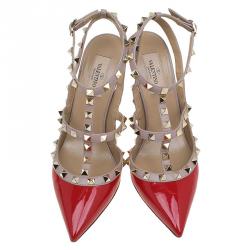 Pre Owned Valentino Beige and Red Patent Leather Rockstud Sandals Size 38