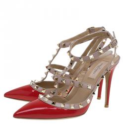 Pre Owned Valentino Beige and Red Patent Leather Rockstud Sandals Size 38