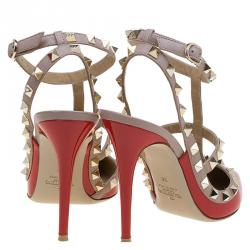 Pre Owned Valentino Beige and Red Patent Leather Rockstud Sandals Size 38