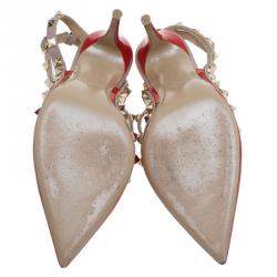 Pre Owned Valentino Beige and Red Patent Leather Rockstud Sandals Size 38