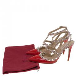 Pre Owned Valentino Beige and Red Patent Leather Rockstud Sandals Size 38