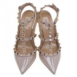 Pre Owned Valentino Beige Patent Leather Rockstud Sandals Size 38
