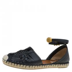 Pre Owned Valentino Black Woven Leather Ethno Ankle Strap Espadrilles Size 40