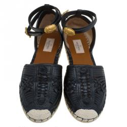 Pre Owned Valentino Black Woven Leather Ethno Ankle Strap Espadrilles Size 40
