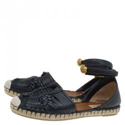 Pre Owned Valentino Black Woven Leather Ethno Ankle Strap Espadrilles Size 40