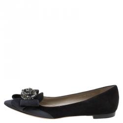 Pre Owned Valentino Black Suede and Satin Crystal Bow Ballet Flats Size 38.5
