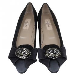 Pre Owned Valentino Black Suede and Satin Crystal Bow Ballet Flats Size 38.5