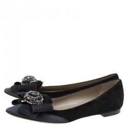 Pre Owned Valentino Black Suede and Satin Crystal Bow Ballet Flats Size 38.5