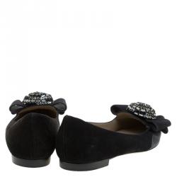 Pre Owned Valentino Black Suede and Satin Crystal Bow Ballet Flats Size 38.5