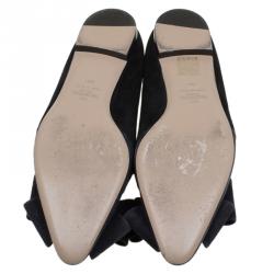 Pre Owned Valentino Black Suede and Satin Crystal Bow Ballet Flats Size 38.5