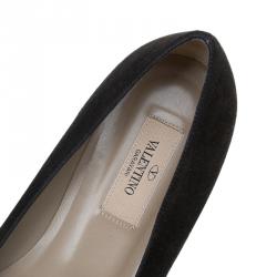 Pre Owned Valentino Black Suede and Satin Crystal Bow Ballet Flats Size 38.5