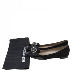Pre Owned Valentino Black Suede and Satin Crystal Bow Ballet Flats Size 38.5