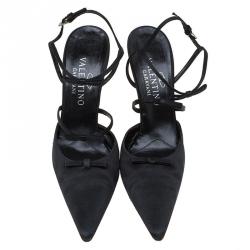 Pre Owned Valentino Black Satin Pointed Toe Ankle Strap Sandals Size 39