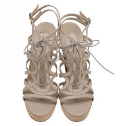 Pre Owned Valentino Beige Leather Lace Up Lace Embellished Wedge Sandals Size 41