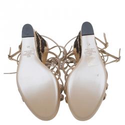 Pre Owned Valentino Beige Leather Lace Up Lace Embellished Wedge Sandals Size 41