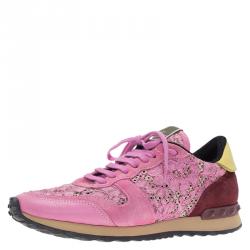 Pre Owned Valentino Pink Leather and Macramé Lace Sneakers Size 39.5