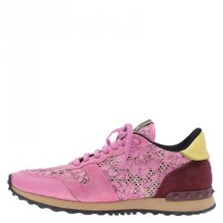 Pre Owned Valentino Pink Leather and Macramé Lace Sneakers Size 39.5