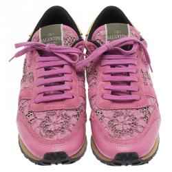 Pre Owned Valentino Pink Leather and Macramé Lace Sneakers Size 39.5