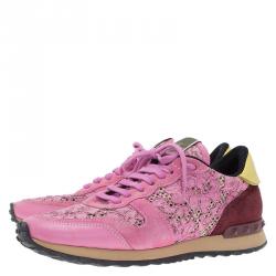 Pre Owned Valentino Pink Leather and Macramé Lace Sneakers Size 39.5