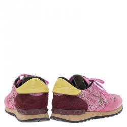 Pre Owned Valentino Pink Leather and Macramé Lace Sneakers Size 39.5
