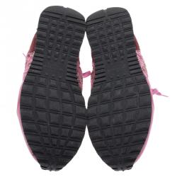 Pre Owned Valentino Pink Leather and Macramé Lace Sneakers Size 39.5