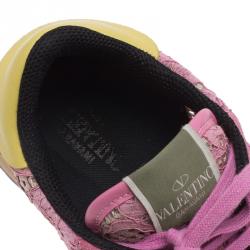 Pre Owned Valentino Pink Leather and Macramé Lace Sneakers Size 39.5