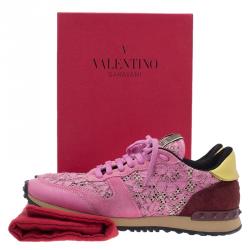 Pre Owned Valentino Pink Leather and Macramé Lace Sneakers Size 39.5