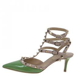 Pre Owned Valentino Green and Beige Leather Rockstud Sandals Size 37.5